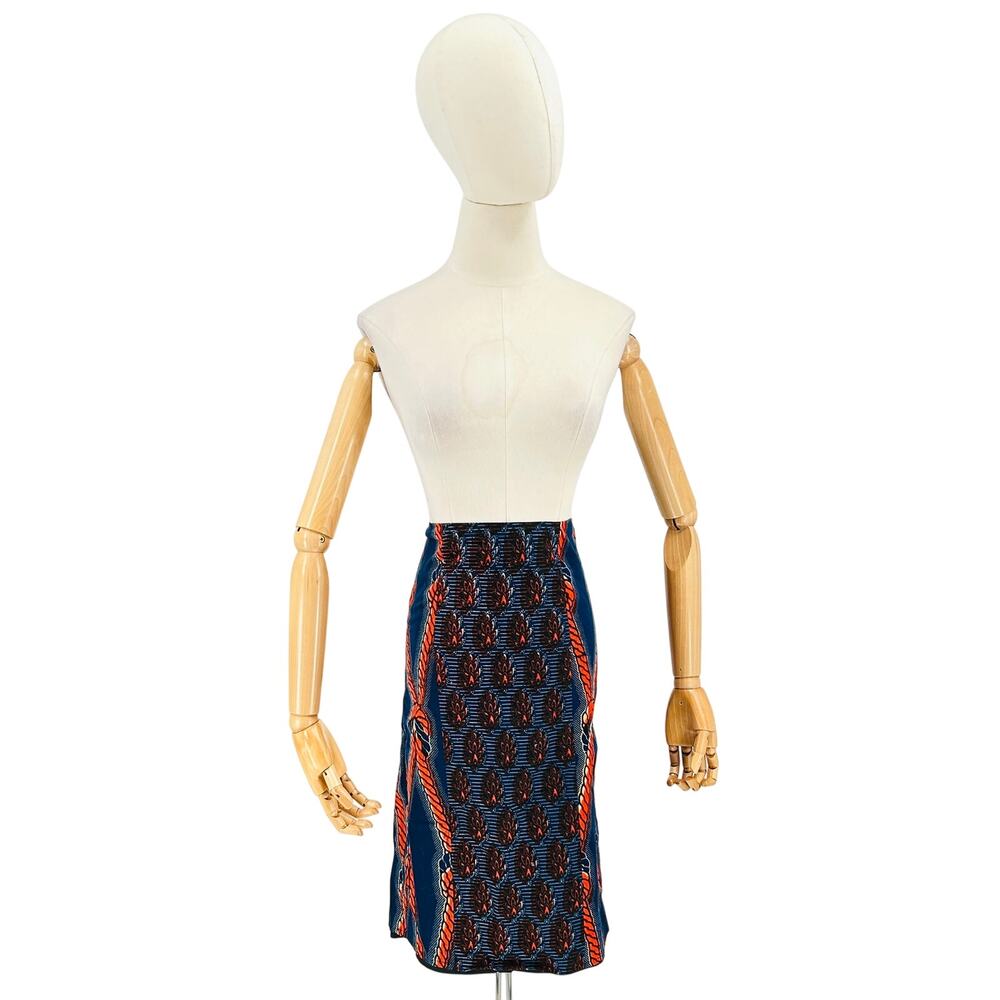 Navy Blue Orange African Ankara Ethnic Cotton Wax Print Sankofa Pencil Skirt